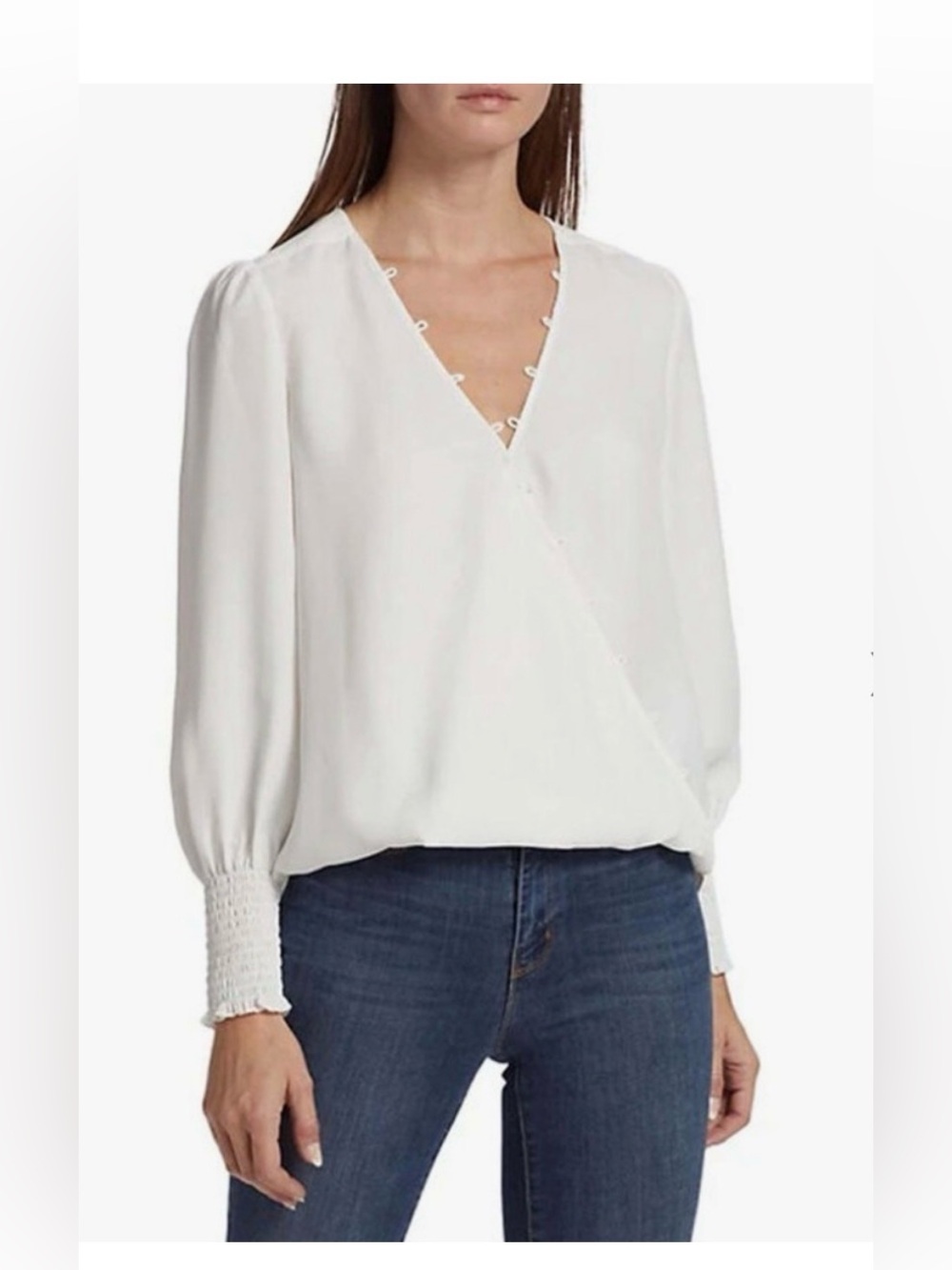 L'AGENCE White Wrap V-Neck Blouse with Smocked Cuffs